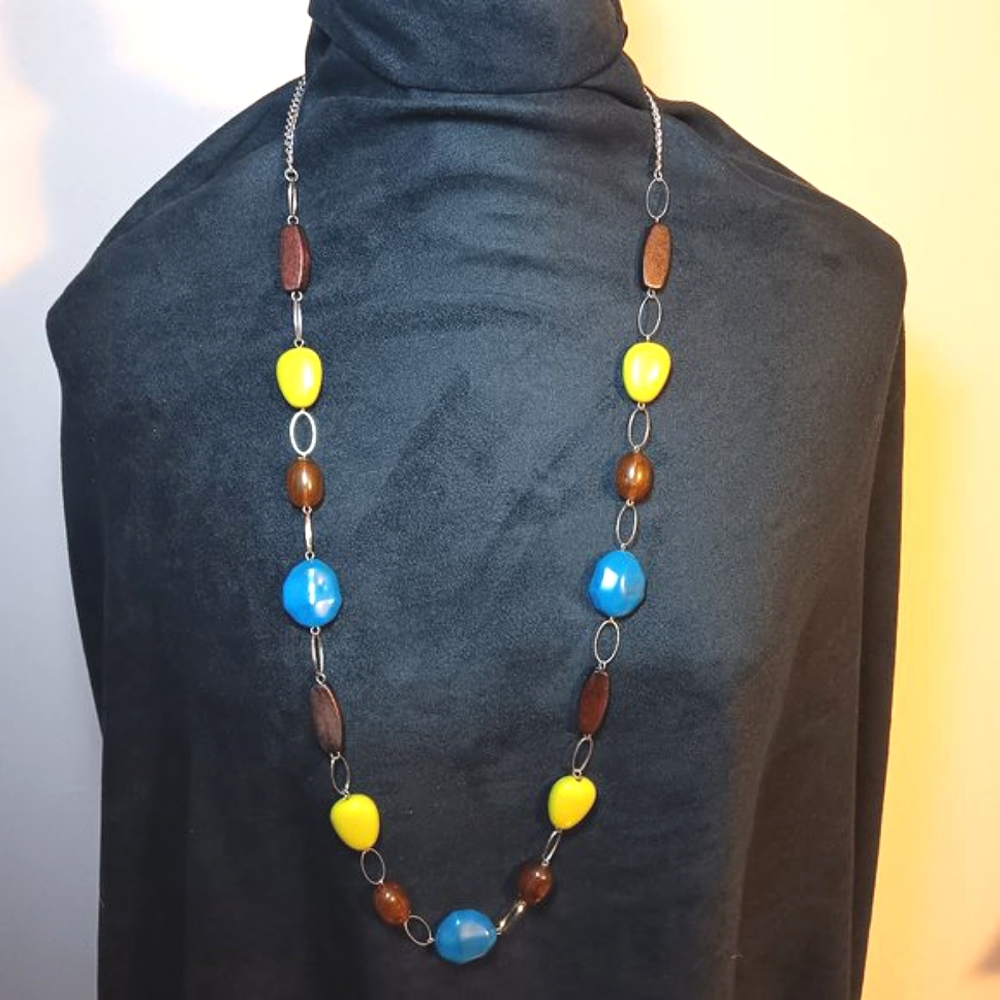 Necklace 36" Costume Jewelry Long Beaded Turquoise Lime Green Brown Silver